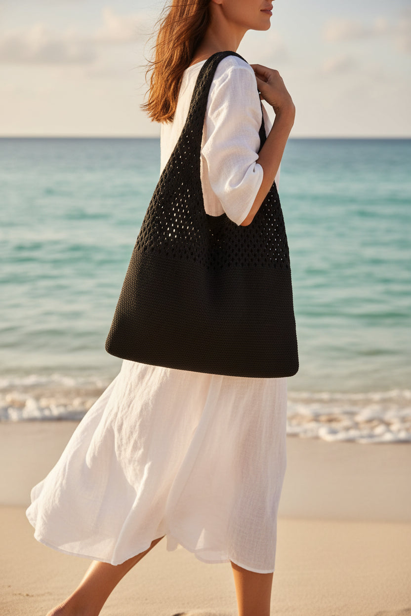 Women's Black Crochet Mesh Beach Tote Bag