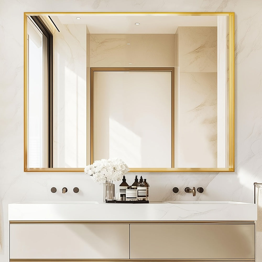 Bathroom Mirror with Rectangular Metal Frame, Horizontal or Vertical Wall Mounting in Three Finishes