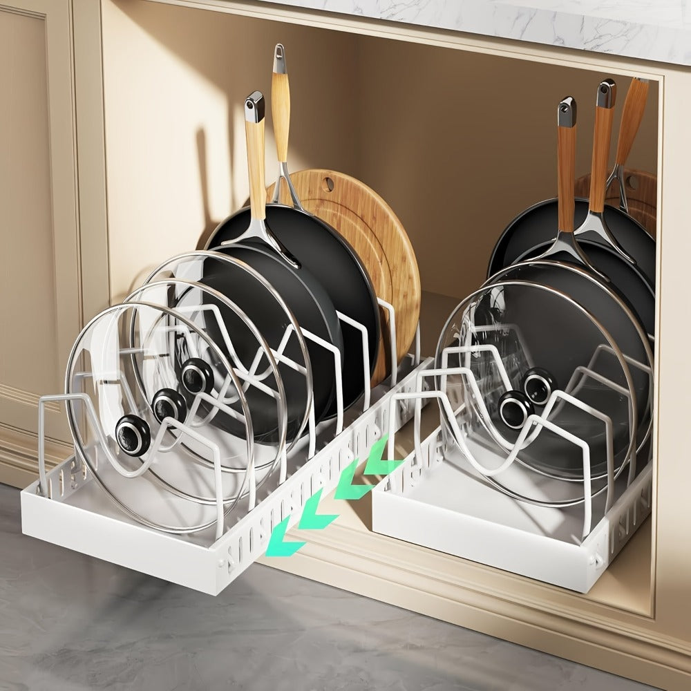 Pull-Out Pot and Pan Lid Rack Cabinet Sliding Storage Organizer - Kitchen Cabinet Slide-Out Box with 8/16 Adjustable Dividers for Lids
