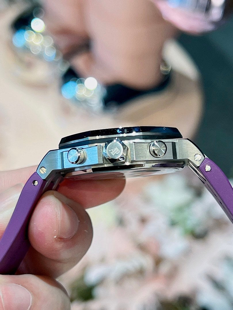 Audemars Piguet Royal Oak Offshore Chronograph – Steel Diamond Bezel Purple Mega Tapisserie Dial Date Purple Rubber Strap