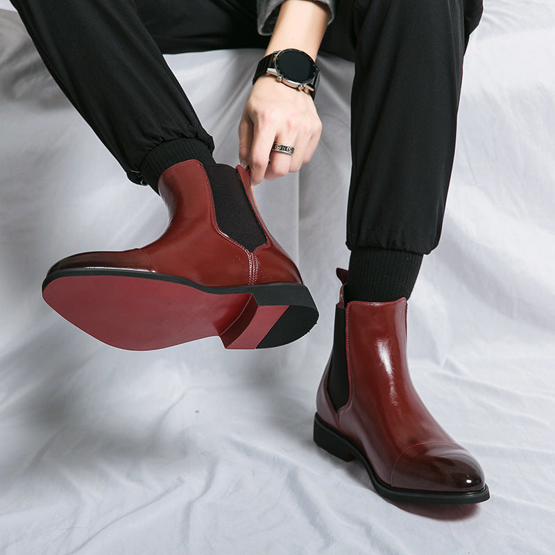 Spitz zulaufende Herren-High-Top-Stiefel aus Leder mit roten Sohlen – Britischer Stil