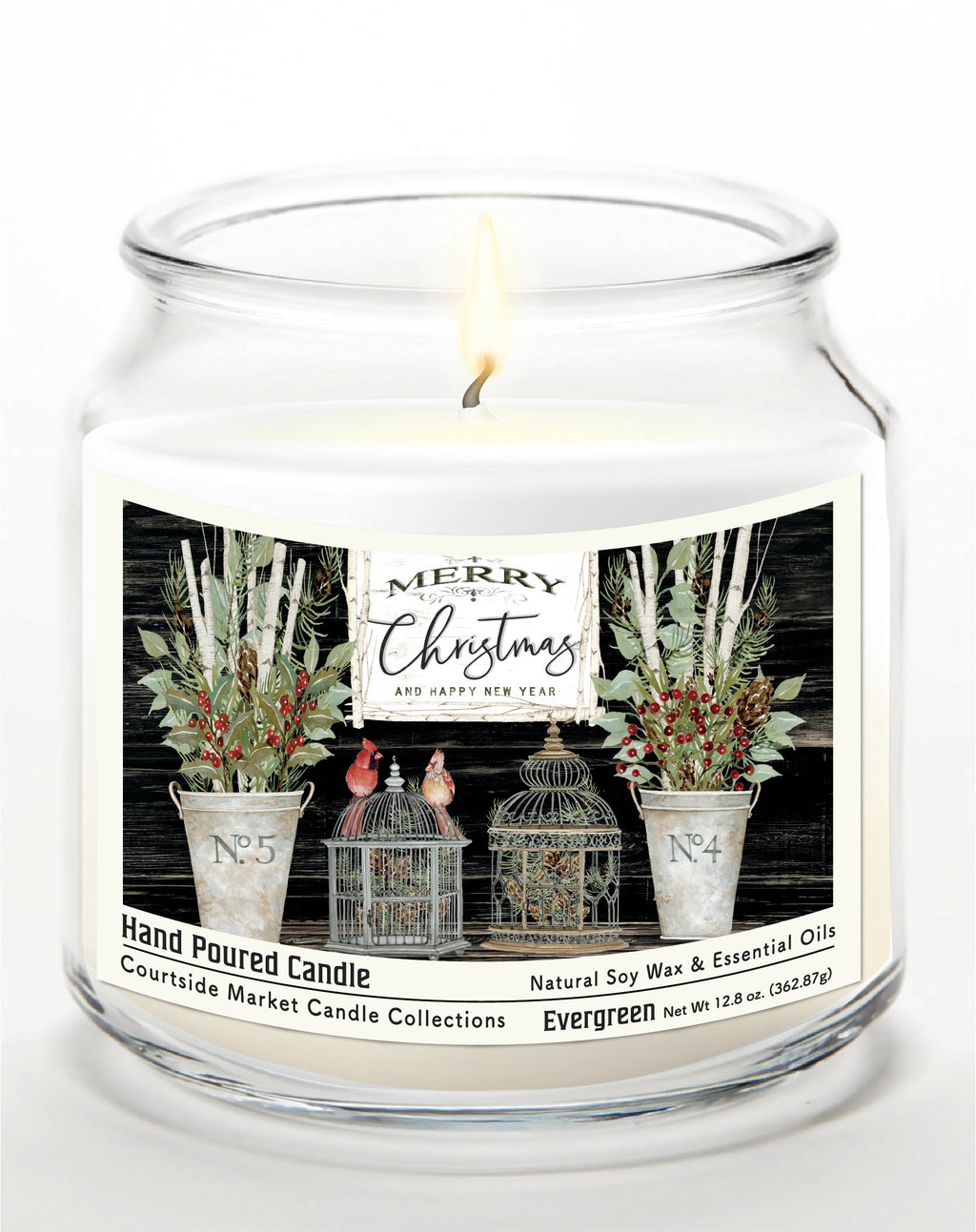 Merry Christmas Cardinals 12.8 Oz Candle Glass Jar with Brushed Silver Metal Lid