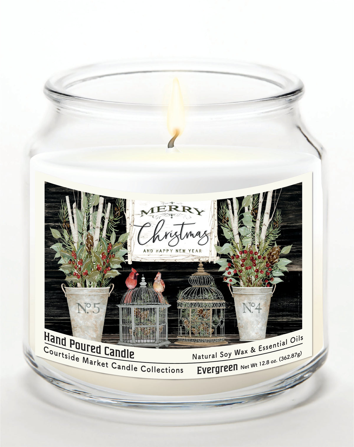 Merry Christmas Cardinals 12.8 Oz Candle Glass Jar with Brushed Silver Metal Lid