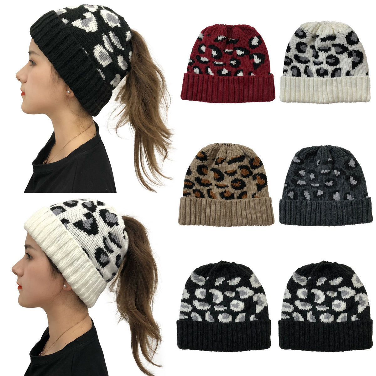 Chambers Damen-Beanie aus Jacquard-Wollstrick mit Leopardenmuster – mit Umschlag, 5 Farben