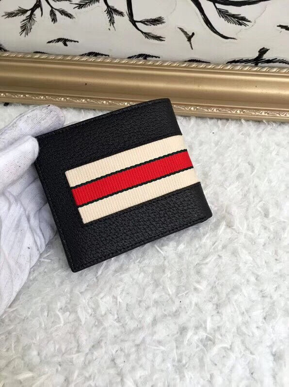 Gucci Stripe Print Bifold Wallet – Black Leather Web Stripe GUCCI Wordmark