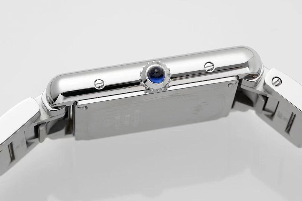 Cartier Tank – Steel White Roman Numeral Dial Blue Sword Hands Sapphire Crown Steel Bracelet