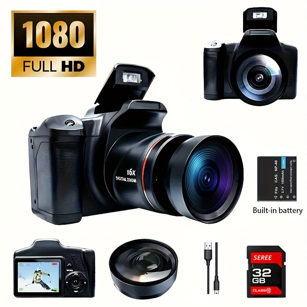 Digital Camera 1080P DSLR-Style Compact with 2.4-Inch Screen, 16X Digital Zoom, 9.88mm Lens and 32GB Card