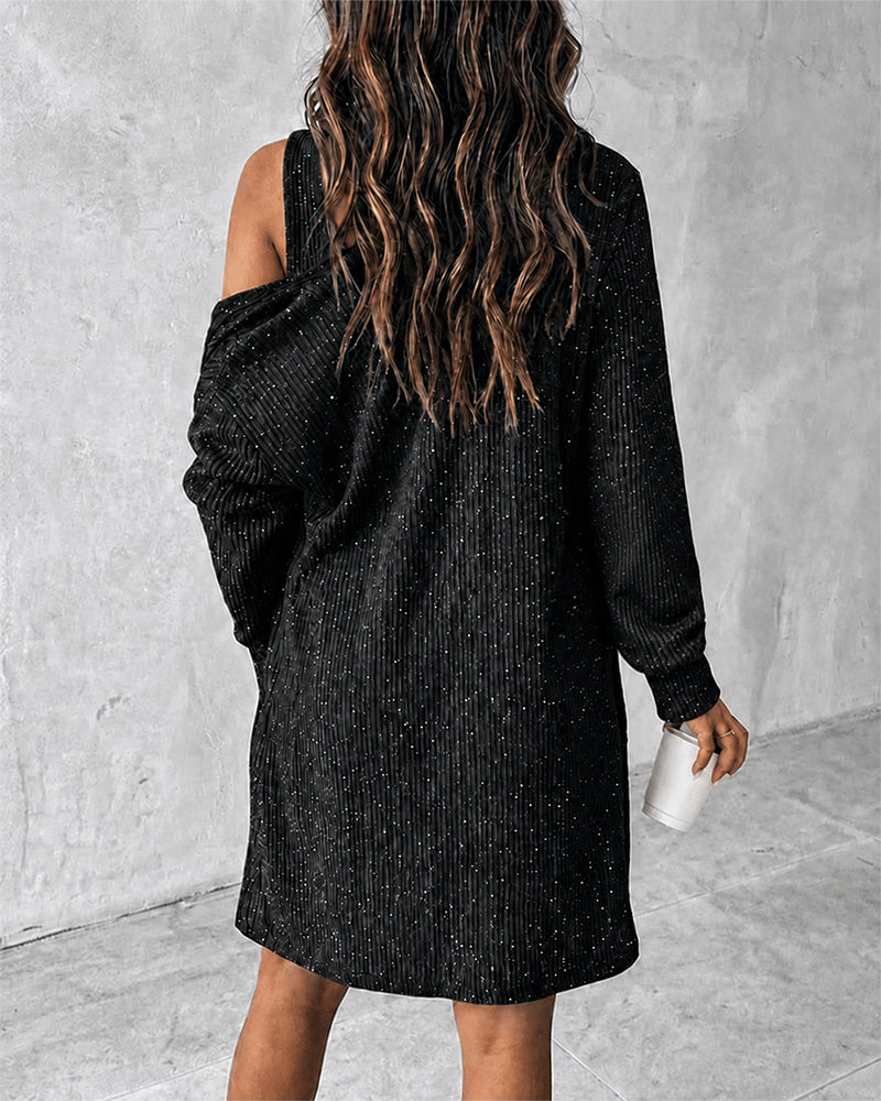 2 Pieces Outfit U-Neck Half Button Front Slim Fit Mini Tank Dress and Long Sleeve Pockets Design Mid-length Cardigan Casual Rhinestone Decor Textured Set