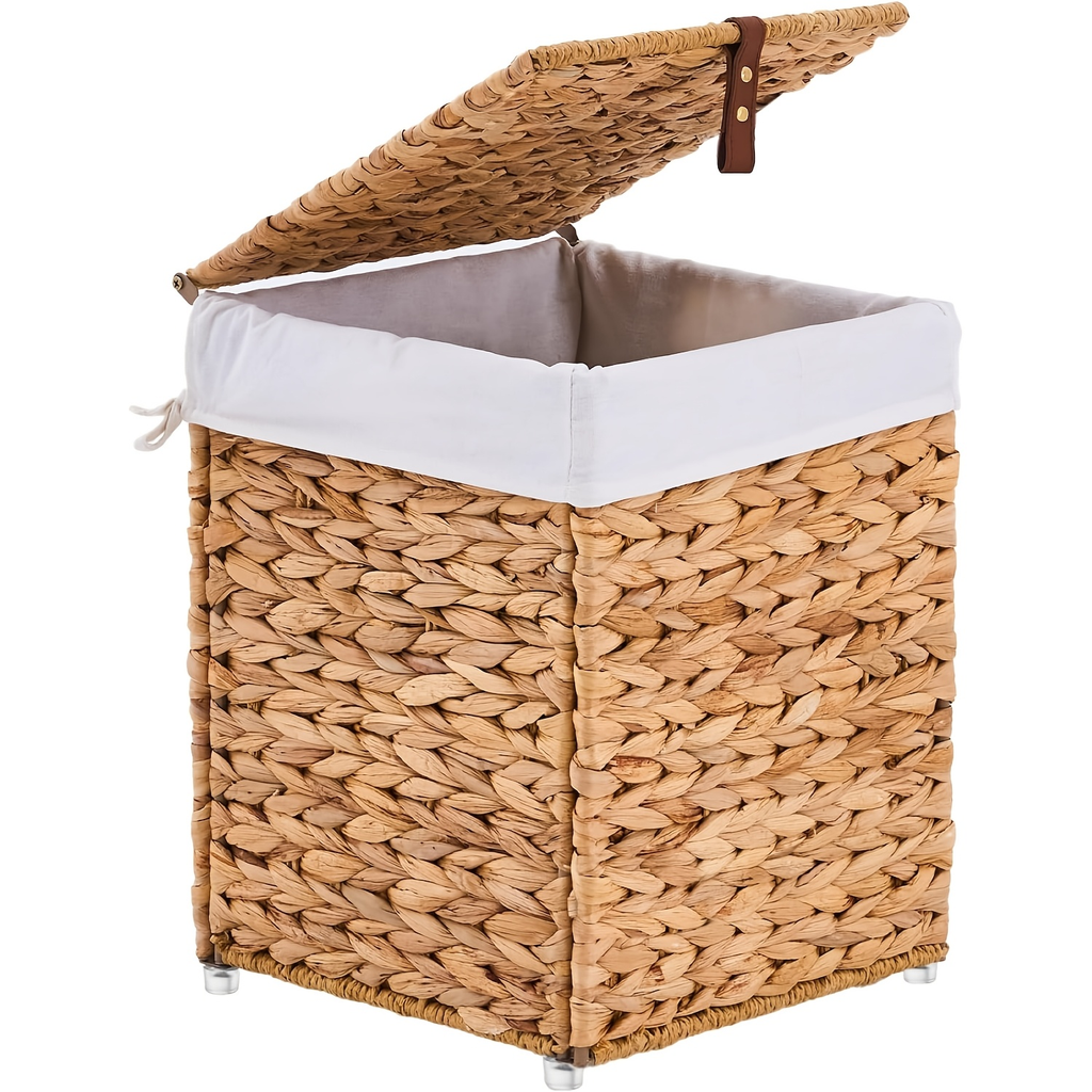 Laundry Basket with Lid & Handles - Handwoven Water Hyacinth Wicker Hamper, Removable Cotton Liner