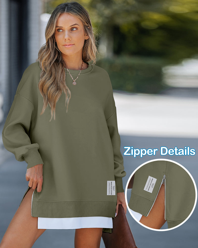 Letter Patch Detail Long Sleeve Drop Shoulder Pullover Sweatshirt Casual Zipper Side Slit Top