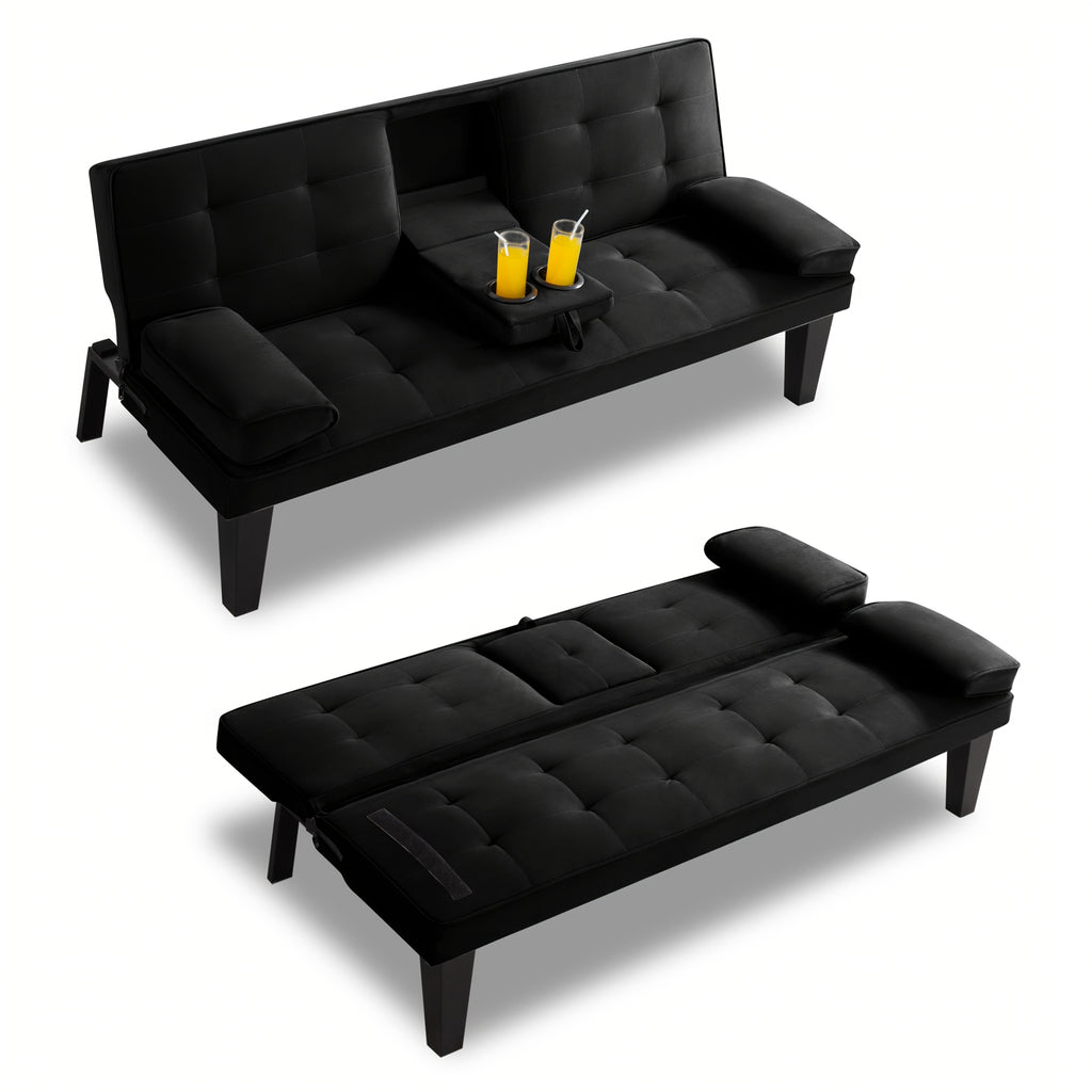 65-Inch Foldable Futon Sofa Bed with Fold-Out Lounger and Solid Wood Construction