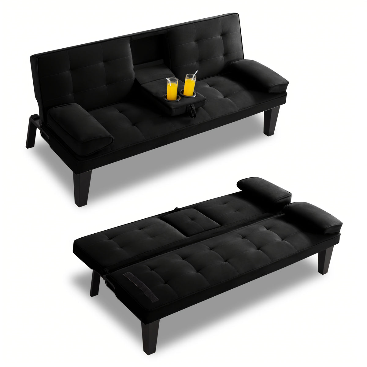 65-Inch Foldable Futon Sofa Bed with Fold-Out Lounger and Solid Wood Construction