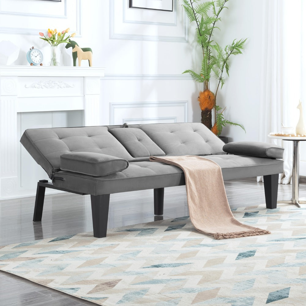 65-Inch Foldable Futon Sofa Bed with Fold-Out Lounger and Solid Wood Construction