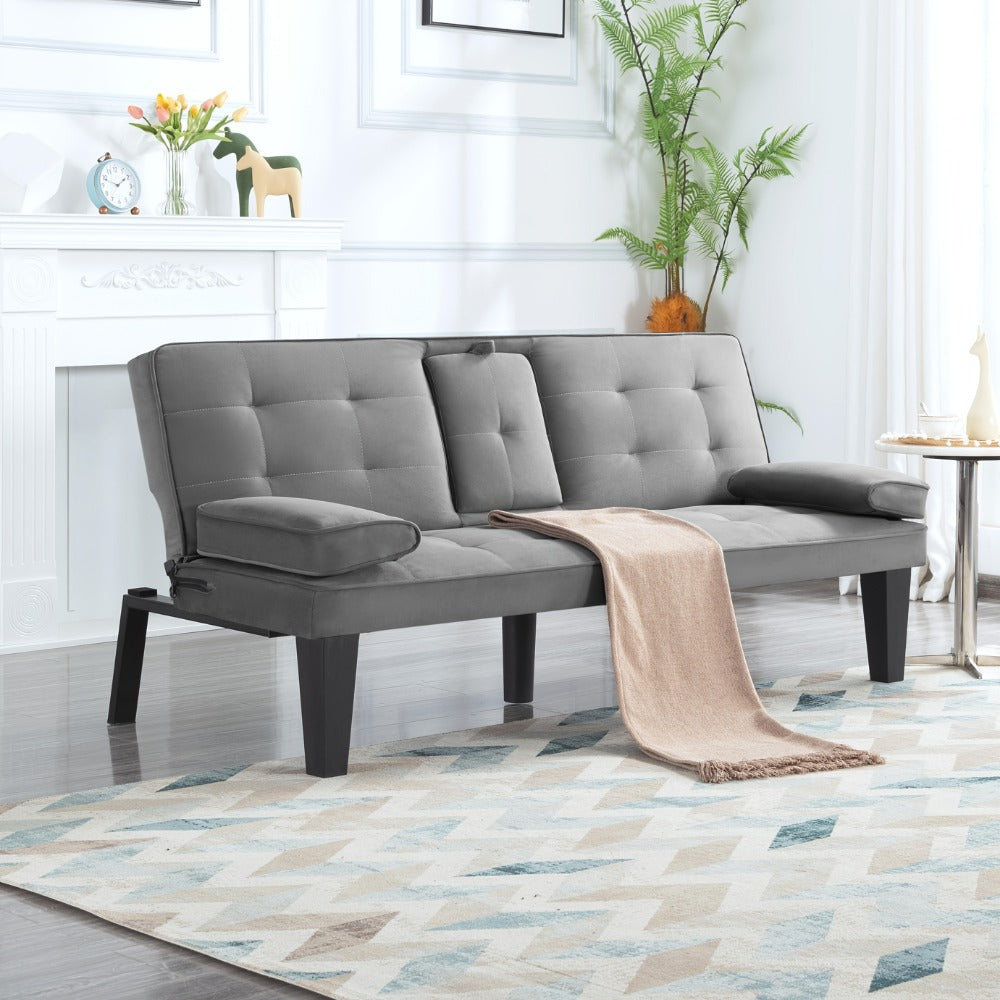 65-Inch Foldable Futon Sofa Bed with Fold-Out Lounger and Solid Wood Construction