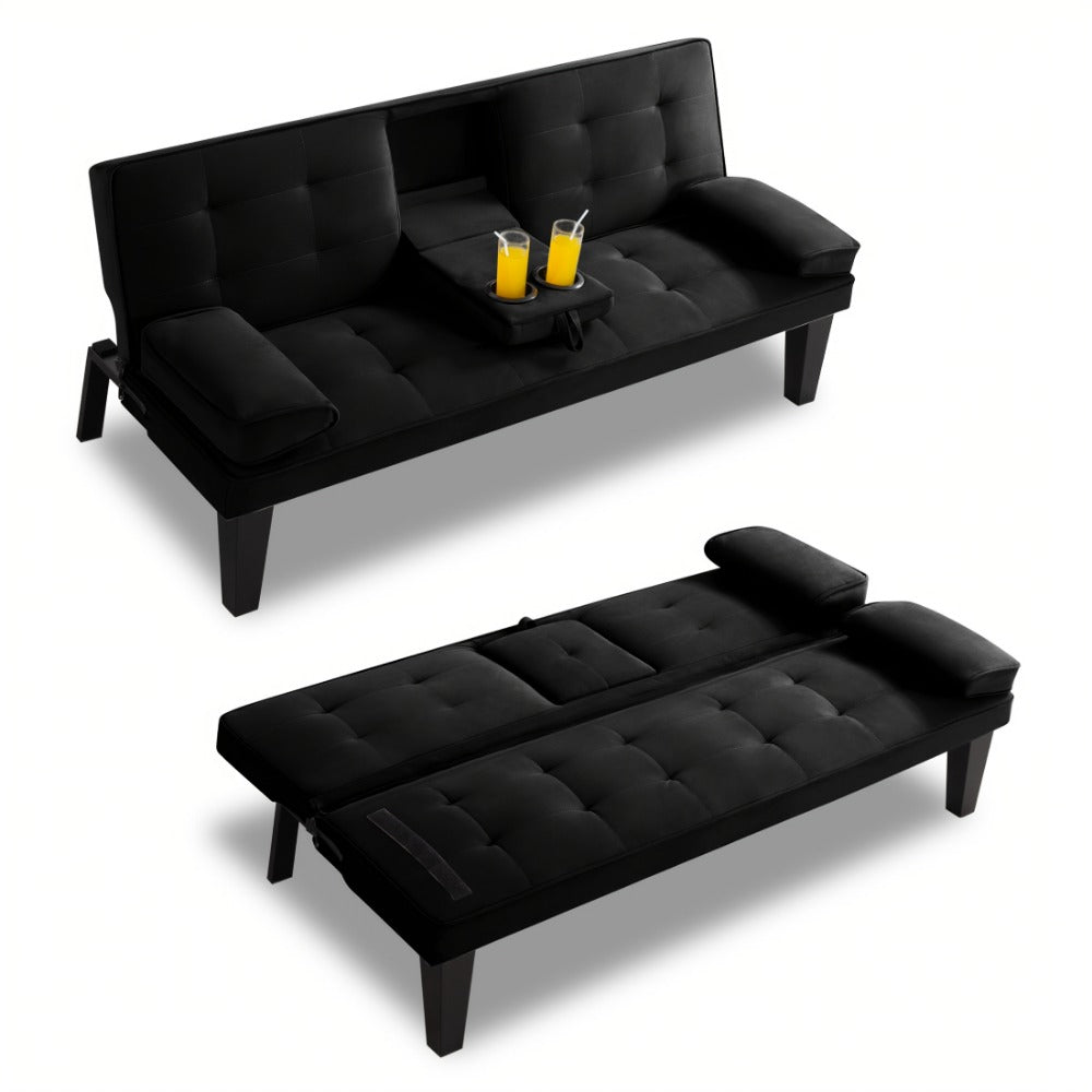 65-Inch Foldable Futon Sofa Bed with Fold-Out Lounger and Solid Wood Construction