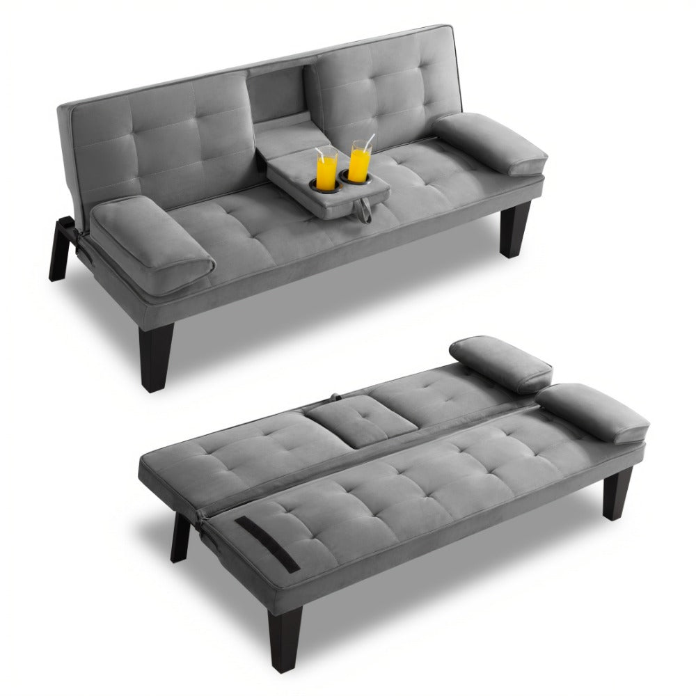 65-Inch Foldable Futon Sofa Bed with Fold-Out Lounger and Solid Wood Construction