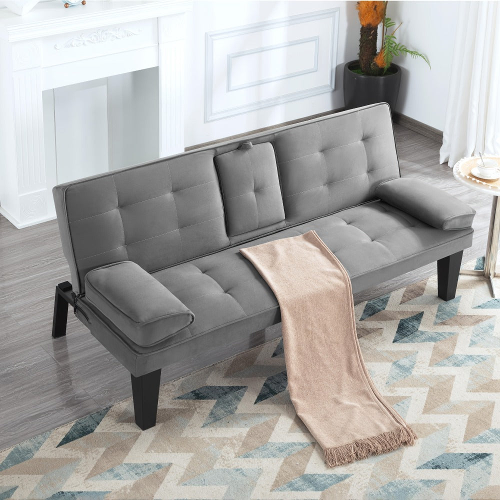 65-Inch Foldable Futon Sofa Bed with Fold-Out Lounger and Solid Wood Construction