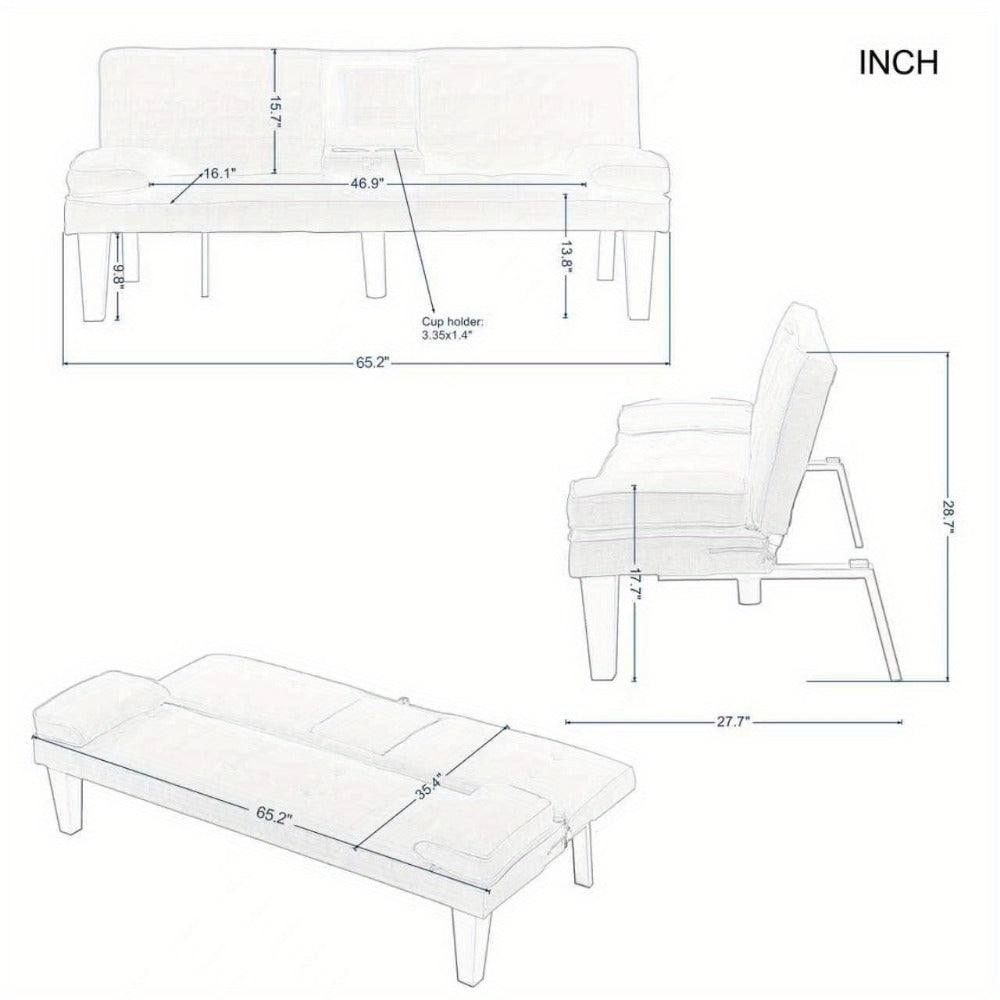 65-Inch Foldable Futon Sofa Bed with Fold-Out Lounger and Solid Wood Construction