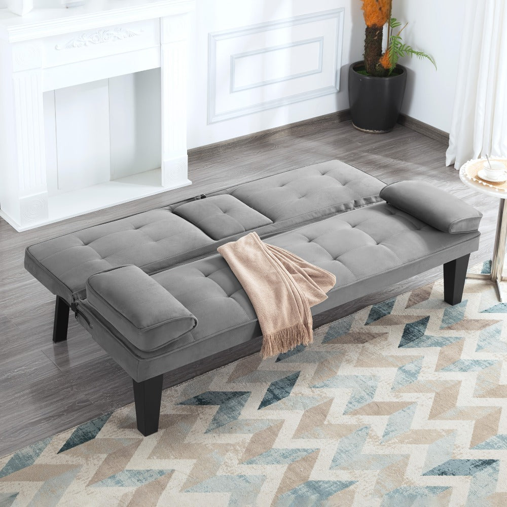 65-Inch Foldable Futon Sofa Bed with Fold-Out Lounger and Solid Wood Construction