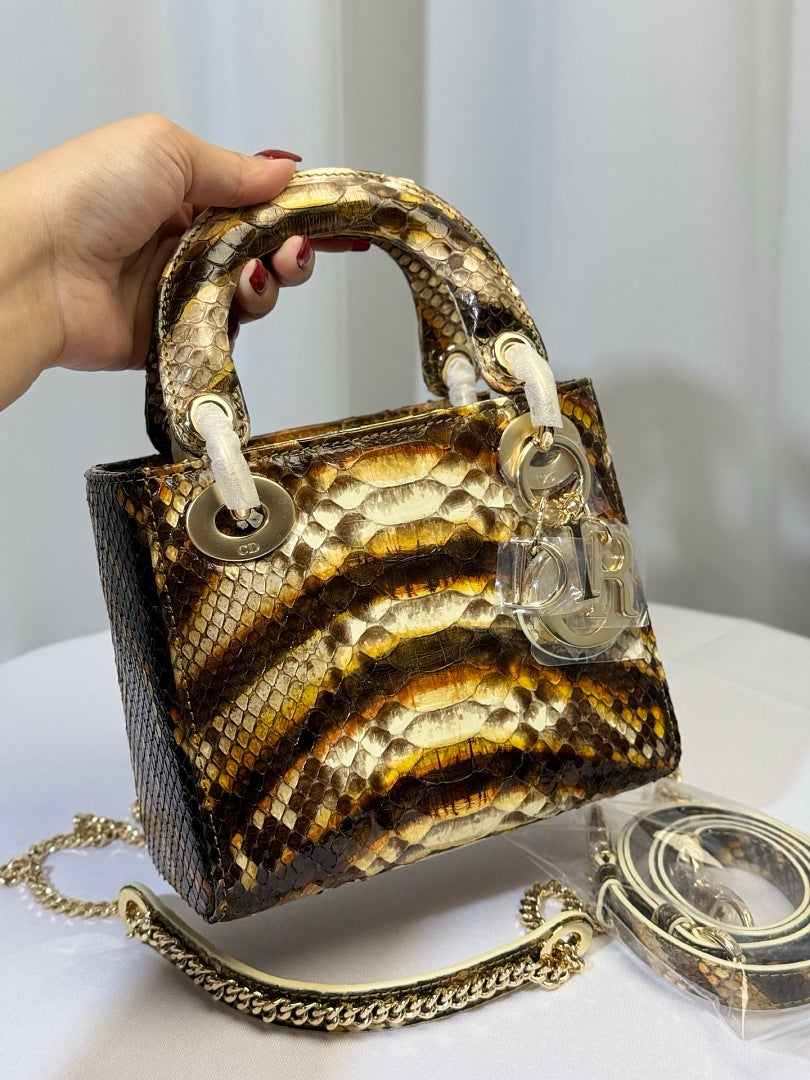 Dior Lady Dior Mini – Python Exotic Skin Brown Gold Tonal Silver Hardware DIOR Charm Chain Strap