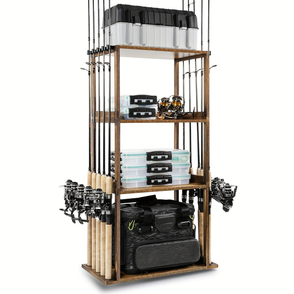 Fishing Rod Holder for Garage Wall Storage, Wooden Rack for Up to Ten Rods with Tackle and Gear Organization