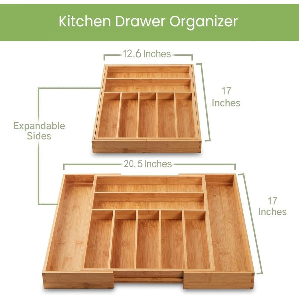 Nine-Compartment Bamboo Drawer Organizer, Expandable Adjustable Silverware and Cutlery Tray for Kitchen Storage