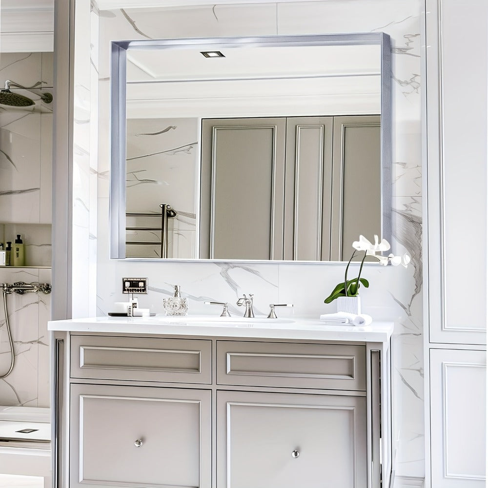 Bathroom Mirror with Rectangular Metal Frame, Horizontal or Vertical Wall Mounting in Three Finishes