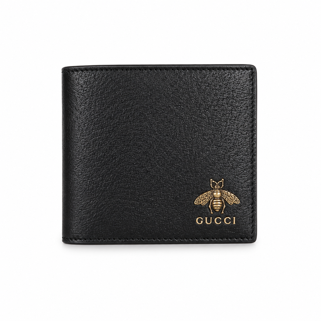 Gucci Animalier Bee Bifold Wallet – Black Leather Antique Gold