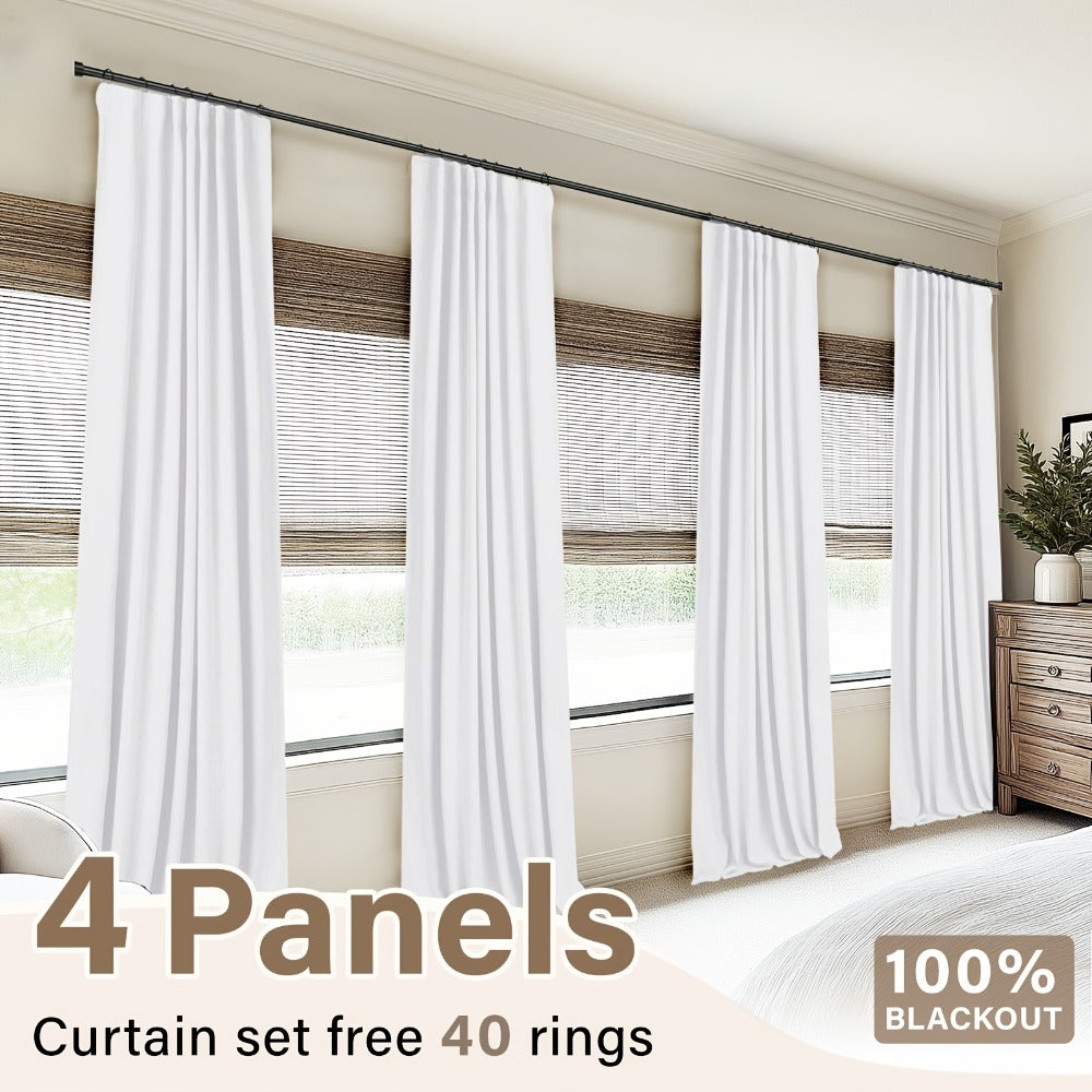 Four Faux Linen Textured Panels with Thermal Insulation and Rod Pockets for Living Room and Bedroom, 100% Blackout Curtains