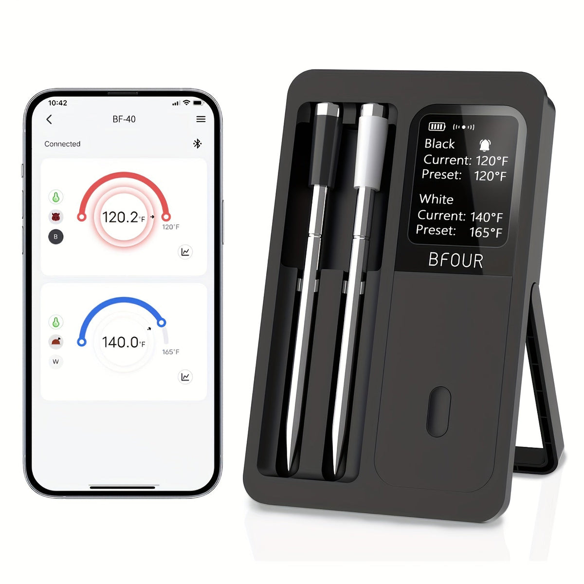 BFOUR BF-40 Wireless Cooking Thermometer with Dual Probes, App Display, Base Screen and USB Charging