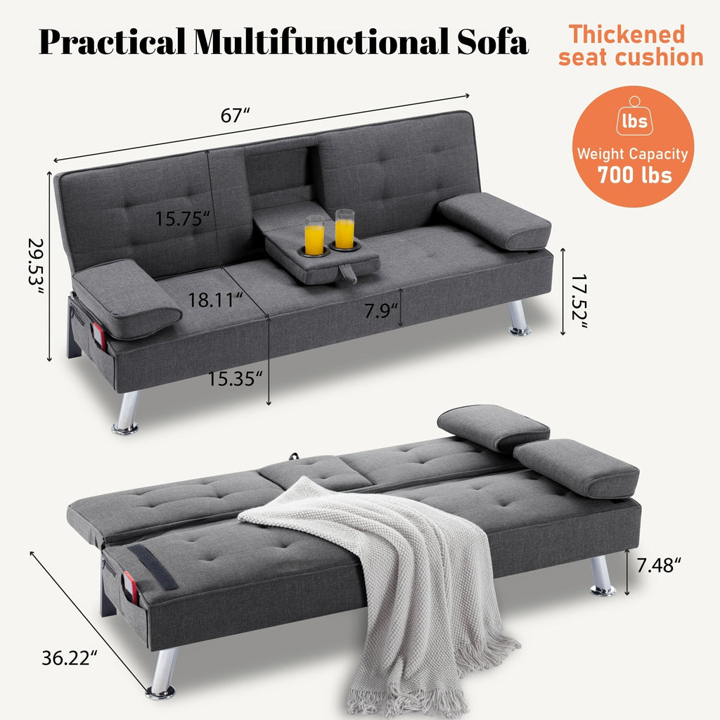 67-Inch Futon Sofa Bed with Fold-Out Lounger and Adjustable Backrest