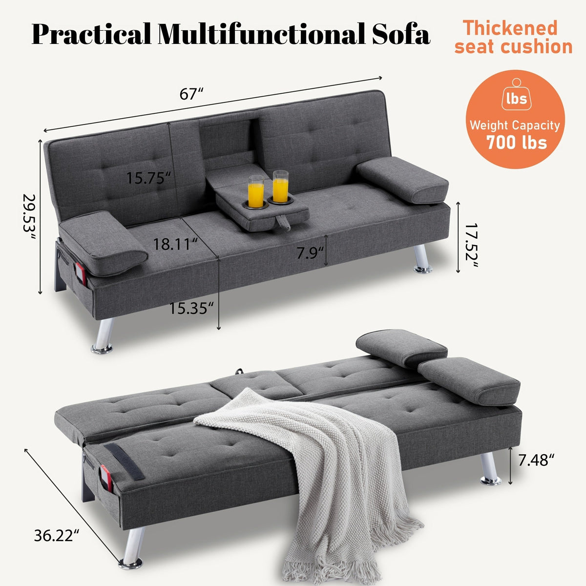 67-Inch Futon Sofa Bed with Fold-Out Lounger and Adjustable Backrest