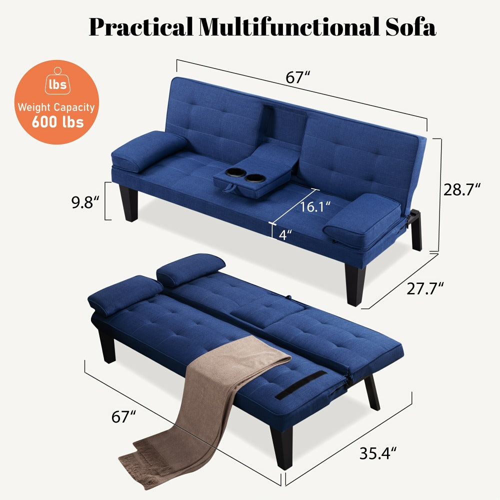 67-Inch Futon Sofa Bed with Fold-Out Lounger and Adjustable Backrest