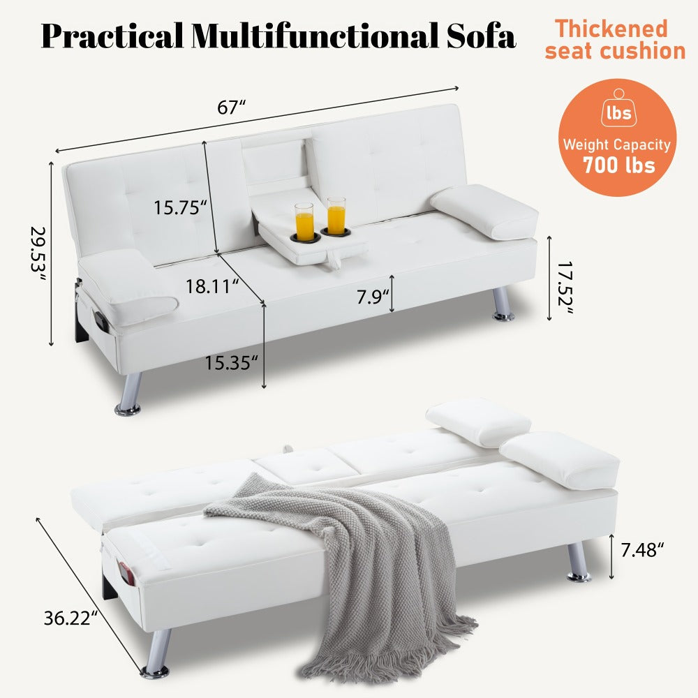 67-Inch Futon Sofa Bed with Fold-Out Lounger and Adjustable Backrest