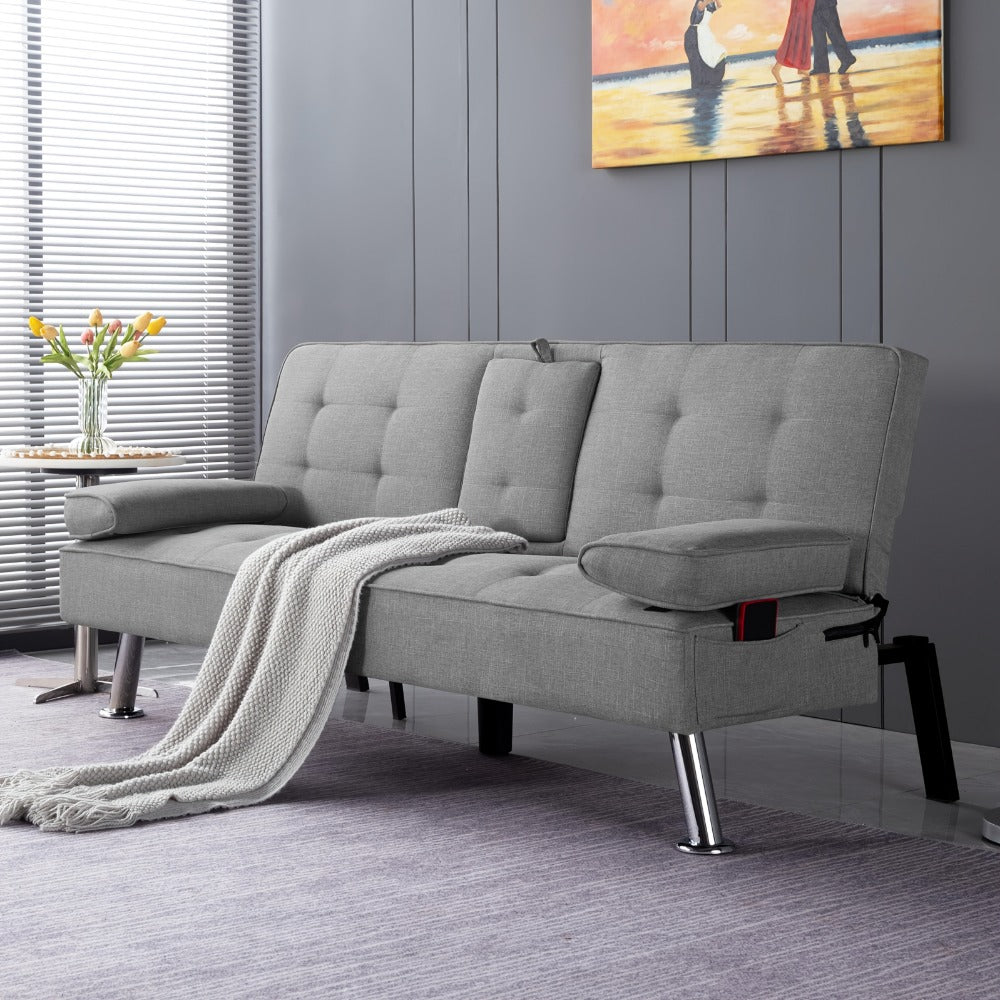 67-Inch Futon Sofa Bed with Fold-Out Lounger and Adjustable Backrest