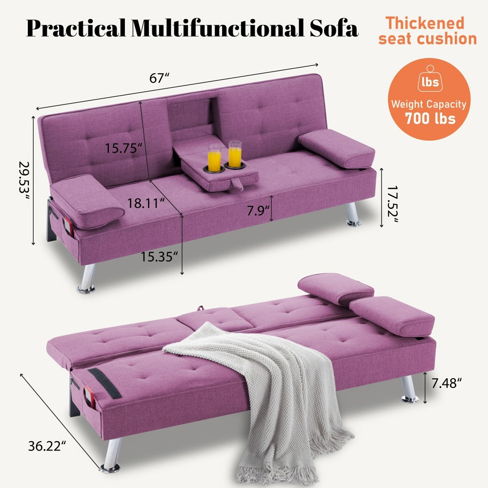 67-Inch Futon Sofa Bed with Fold-Out Lounger and Adjustable Backrest