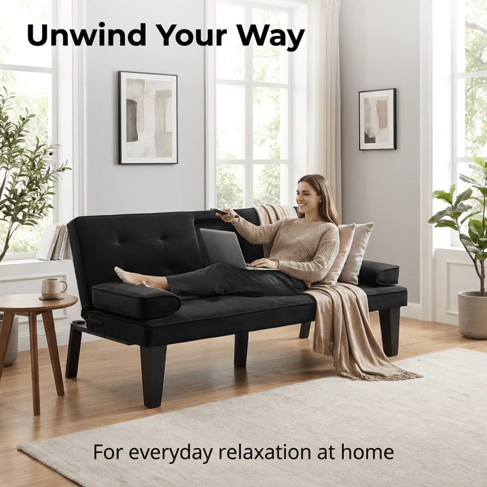 67-Inch Futon Sofa Bed with Fold-Out Lounger and Adjustable Backrest