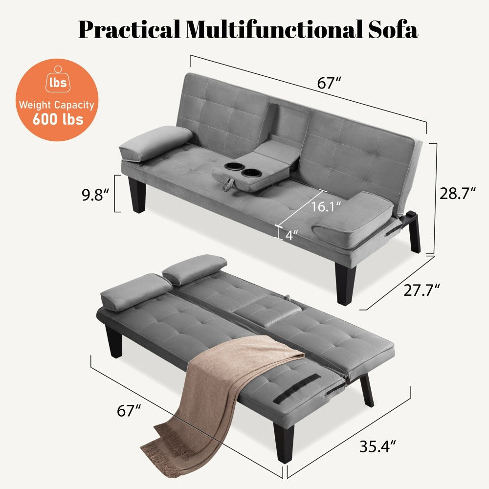 67-Inch Futon Sofa Bed with Fold-Out Lounger and Adjustable Backrest