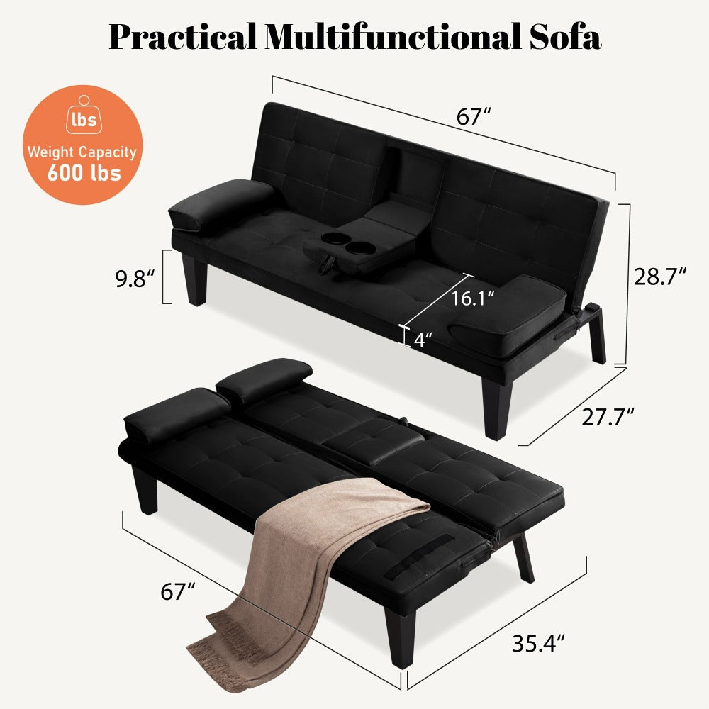 67-Inch Futon Sofa Bed with Fold-Out Lounger and Adjustable Backrest