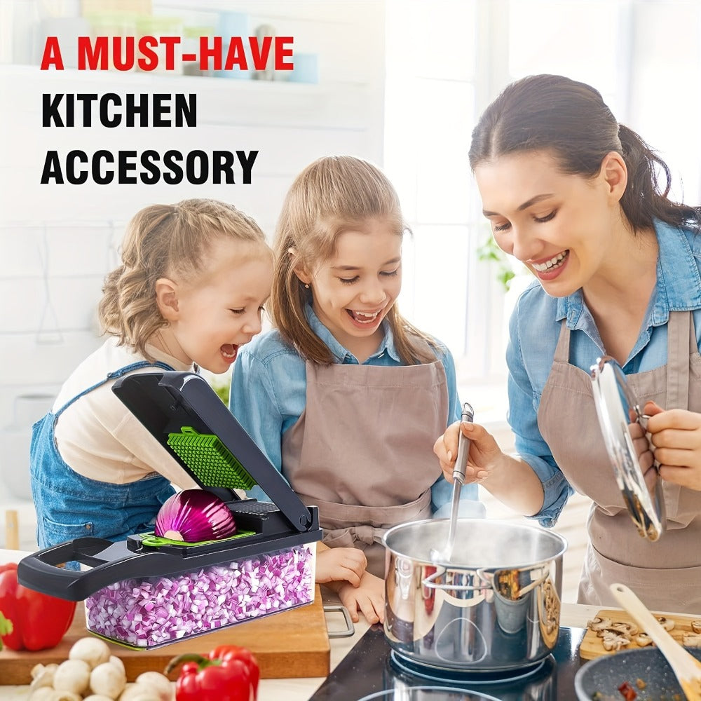 16-in-1 Vegetable Chopper with Clear Container, Eight Blade Inserts, Cleaning Button and Green Accessory Set