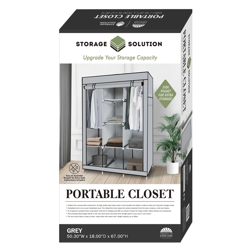 Portable Free Standing Closet with 8 Storage Shelves, 2 Hanging Rod & 4 Pockets