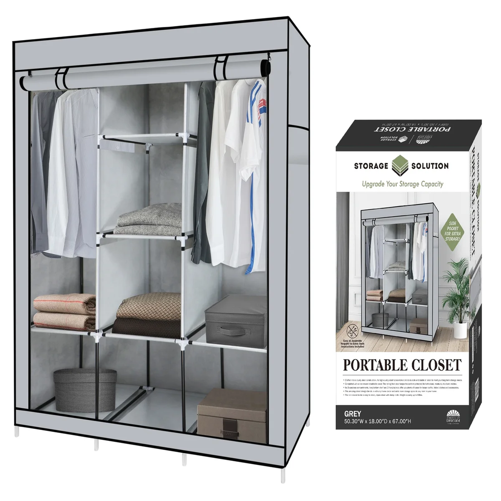 Portable Free Standing Closet with 8 Storage Shelves, 2 Hanging Rod & 4 Pockets