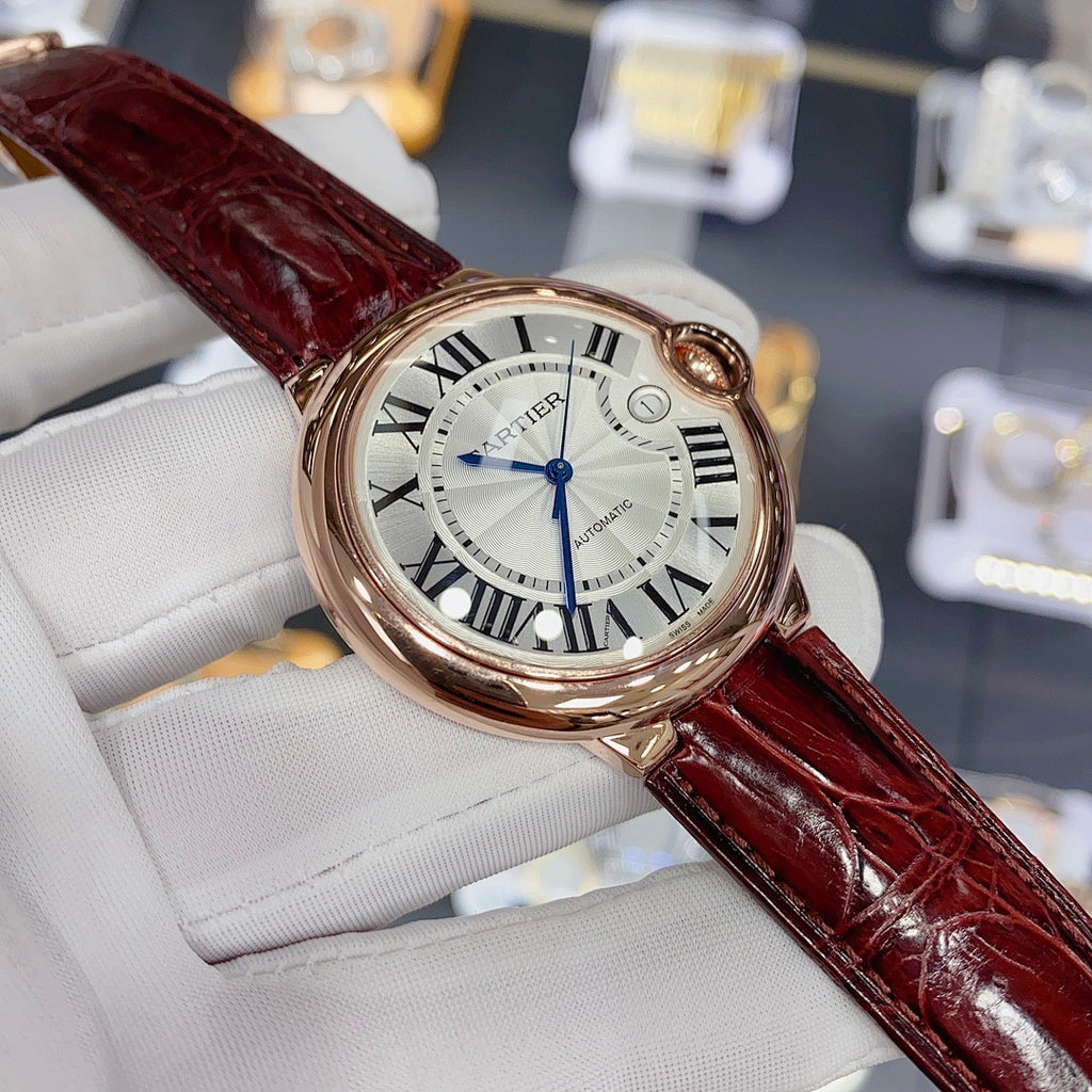 Cartier Ballon Bleu – Rose Gold White Guilloché Dial Roman Numerals Blue Sword Hands Burgundy Crocodile Strap Automatic