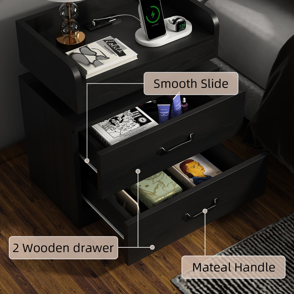 Bedside Table in Black or White in a Tray-Top Two-Drawer Charging Station Nightstand Design with LED Light