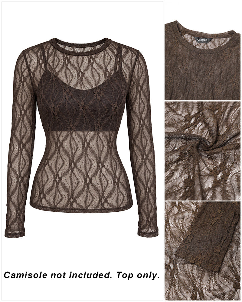 Women's Jacquard Textured Sheer Lace Long Sleeve Top Crewneck Slim Fit Tee with Thumb Holes