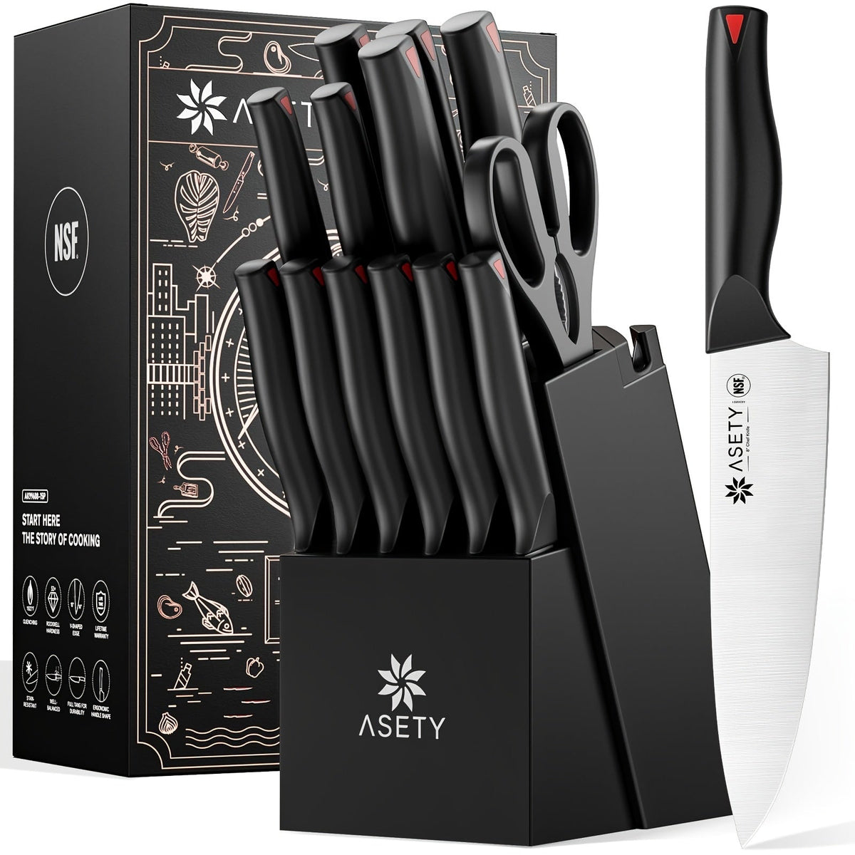 Kitchen Knife Set by ASETY, 15-Piece Stainless Steel Block Set with PP Handles in Two Finish Options