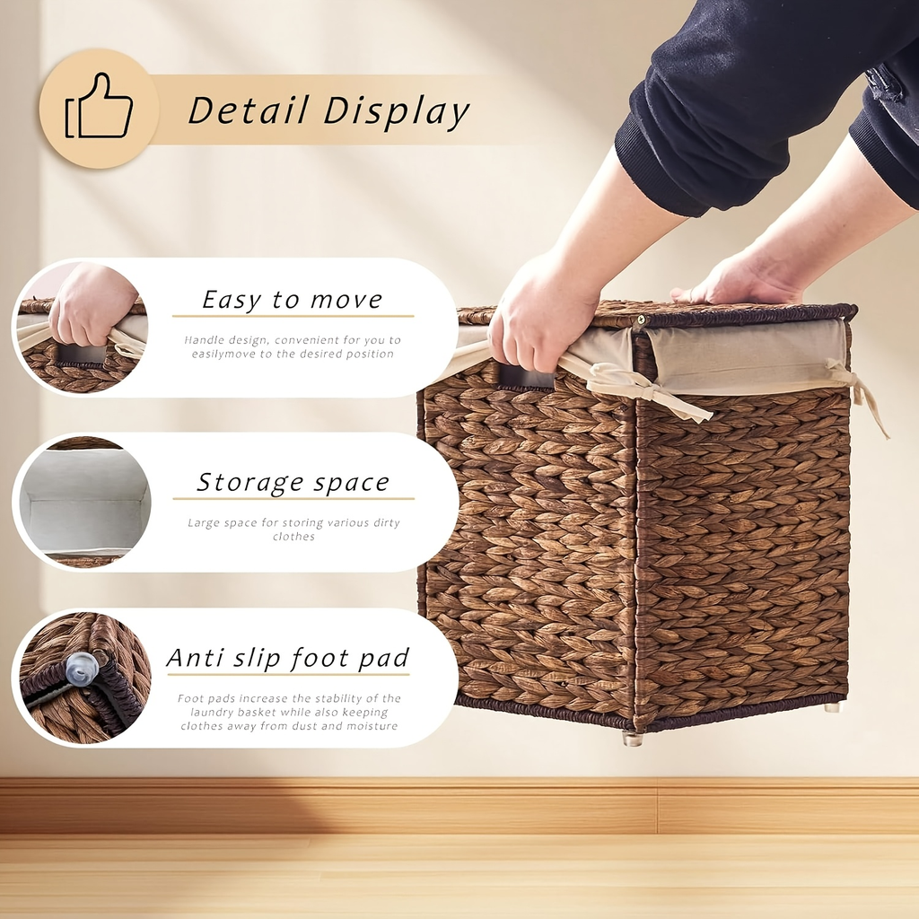 Laundry Basket with Lid & Handles - Handwoven Water Hyacinth Wicker Hamper, Removable Cotton Liner