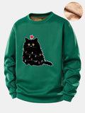 Christmas Lights Black Cat Print Teddy Fleece Lined Sweatshirt