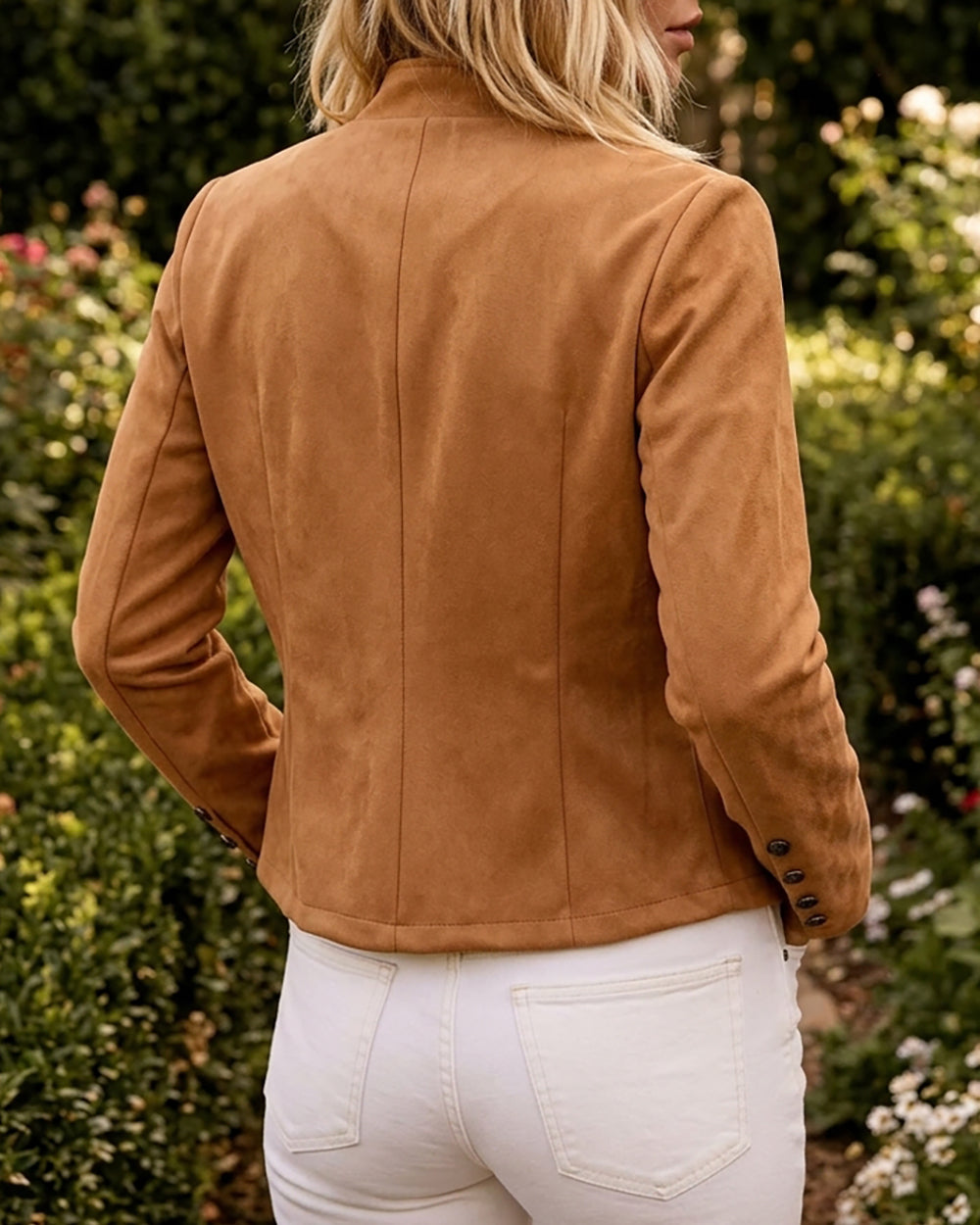 Double Breasted Decor Stand Collar Open Front Faux Suede Jacket Casual Coat