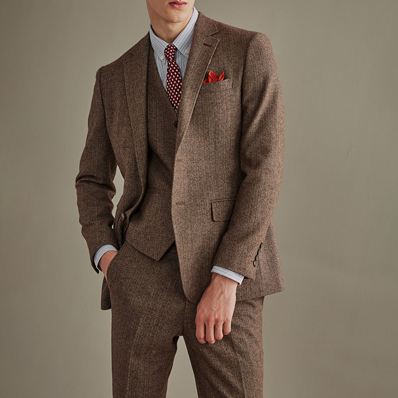 3 Pieces Herringbone Tweed Suit - Fashion 3-Piece Mens Suit with Herringbone Notch Lapel for Wedding